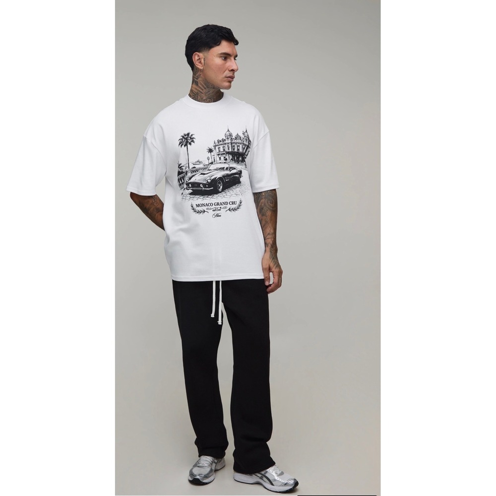 boohooMAN White Oversized Interlock Monaco Car Print T-Shirt XL NEW CMM26949-173